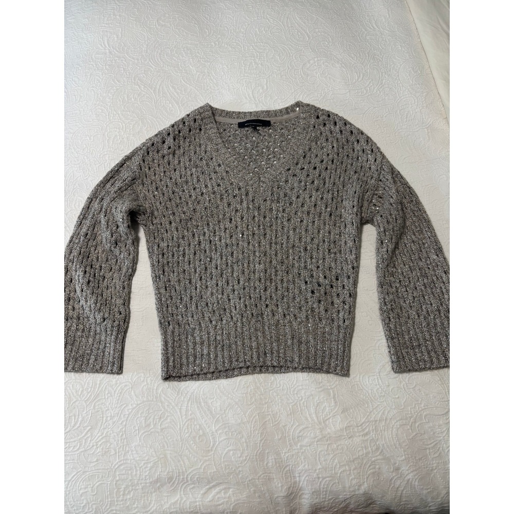 White House Black Market Metallic Sequin Open Knit V-Neck Sweater Taupe Small